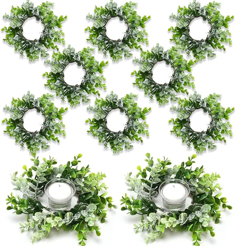 Jexine 8 Pack 3.15'' Artificial Eucalyptus Candle Ring Wreaths