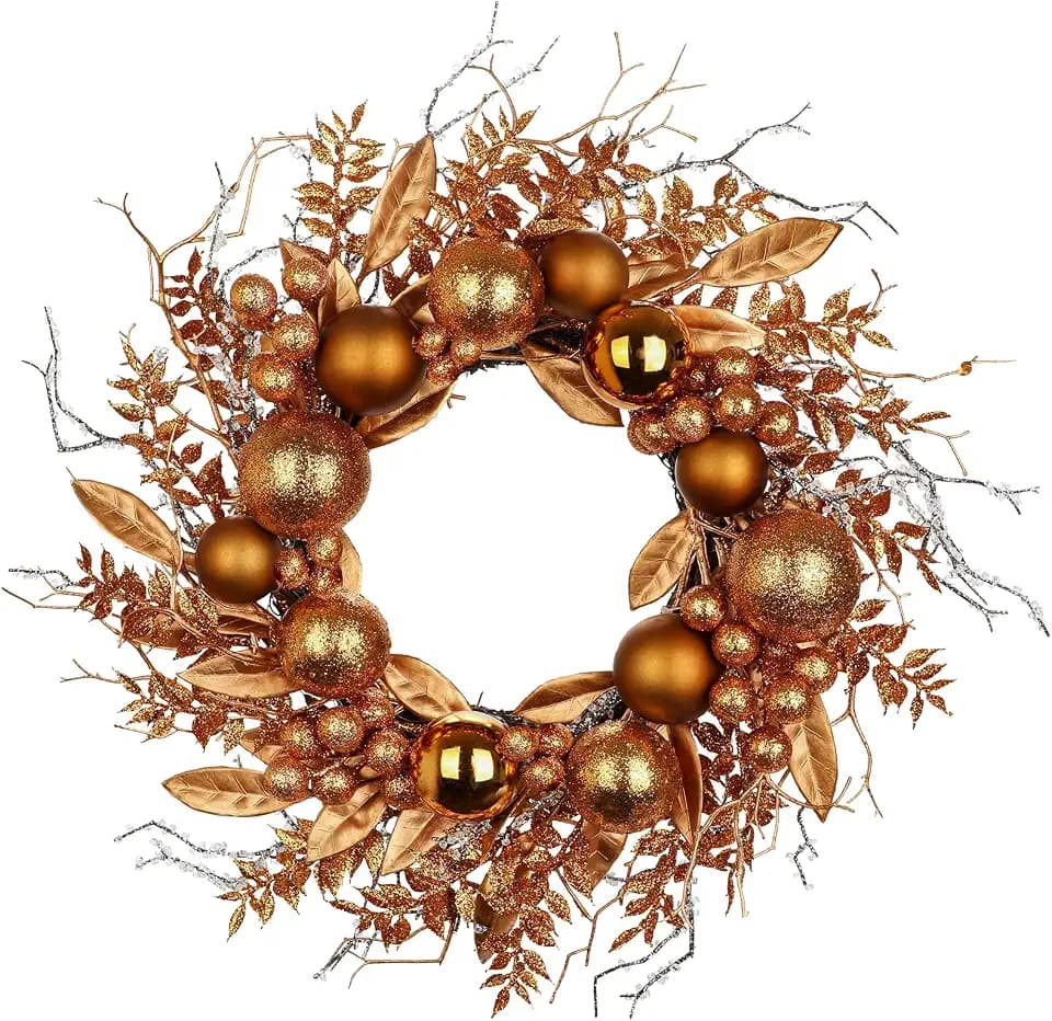 Weihnachtskranz Türkranz für Weihnachten - Brauner Adventskranz mit Weihnachtskugeln und Fernzweige, Dekokranz Weihnachtsdeko Tischkranz, Ø 40CM