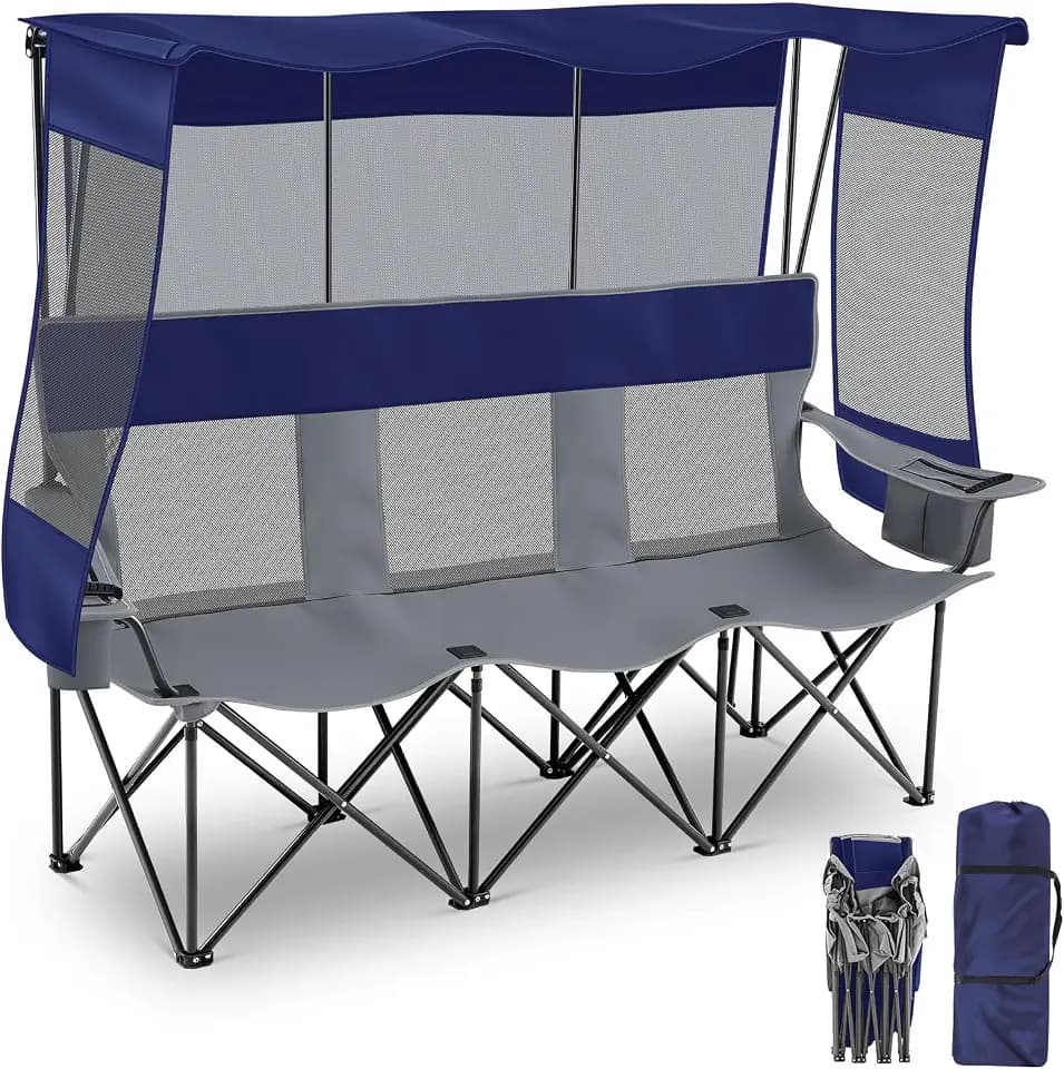 Teenyyou 3 Person Camping Chair with Canopy, 990lbs Heavy Duty, Blue Gray