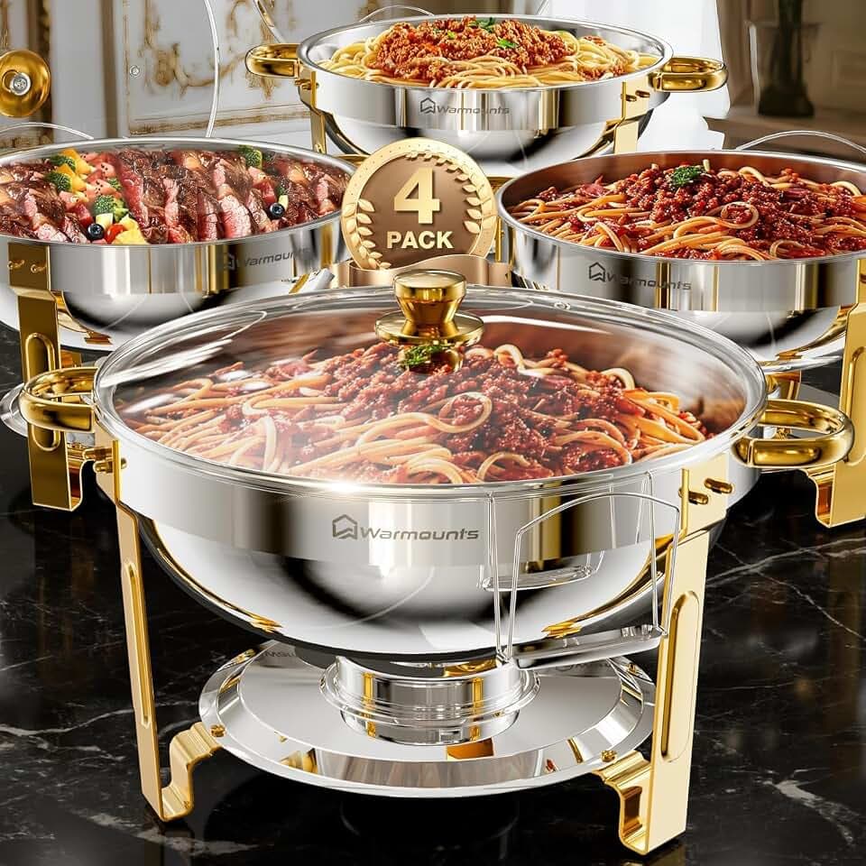 WARMOUNTS Chafing Dish Buffet 5L 4er Set Gold & Silber, Rund Speisenwärmer für Catering mit Glasdeckel & Deckelhalter, Hochglanzpoliert Edelstahl Lebensmittelecht für Feiern, Hochzeit, Events