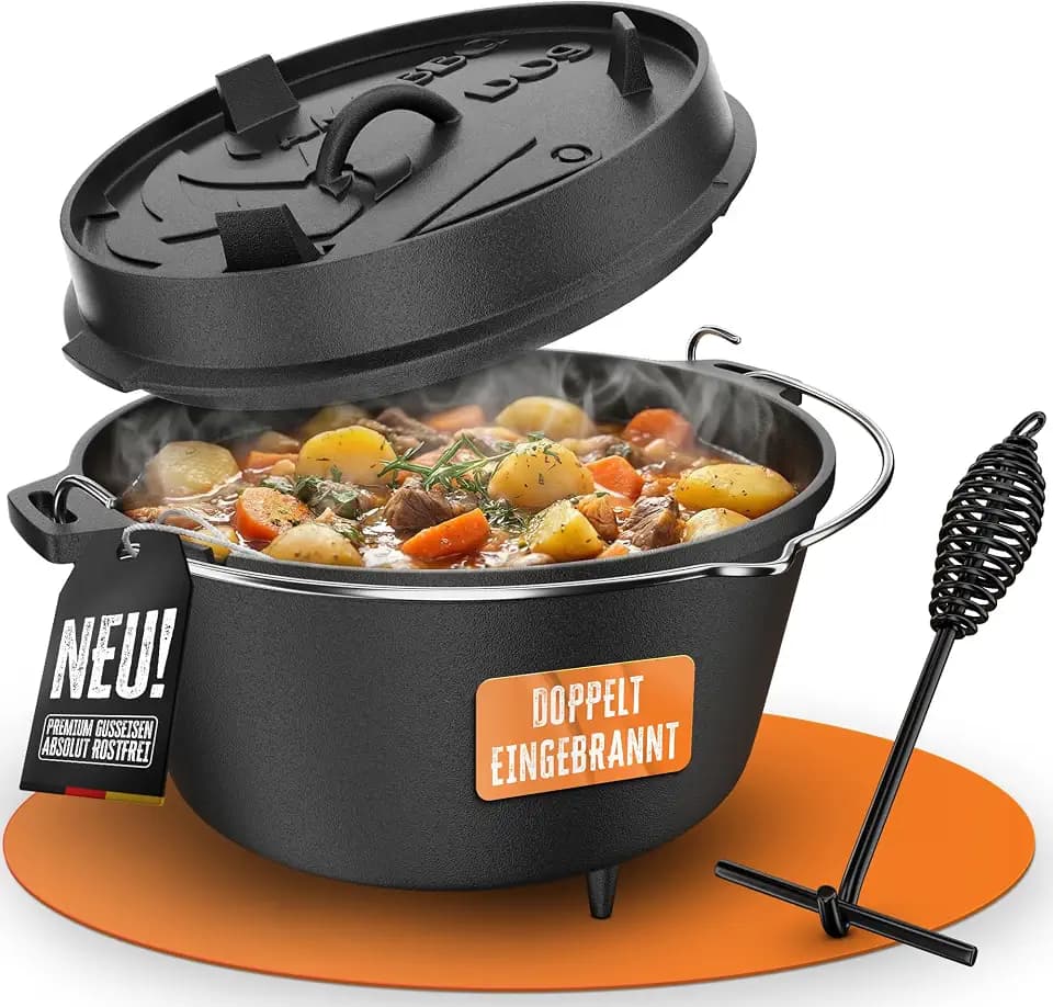 AMZBBQ® Dutch Oven 9 Liter mit Füßen – Gusseisen Topf, doppelt eingebrannt | Feuertopf für Grill, Briketts und Lagerfeuer – ideal zum Brot backen, Schmoren und Braten – inklusive Deckelheber