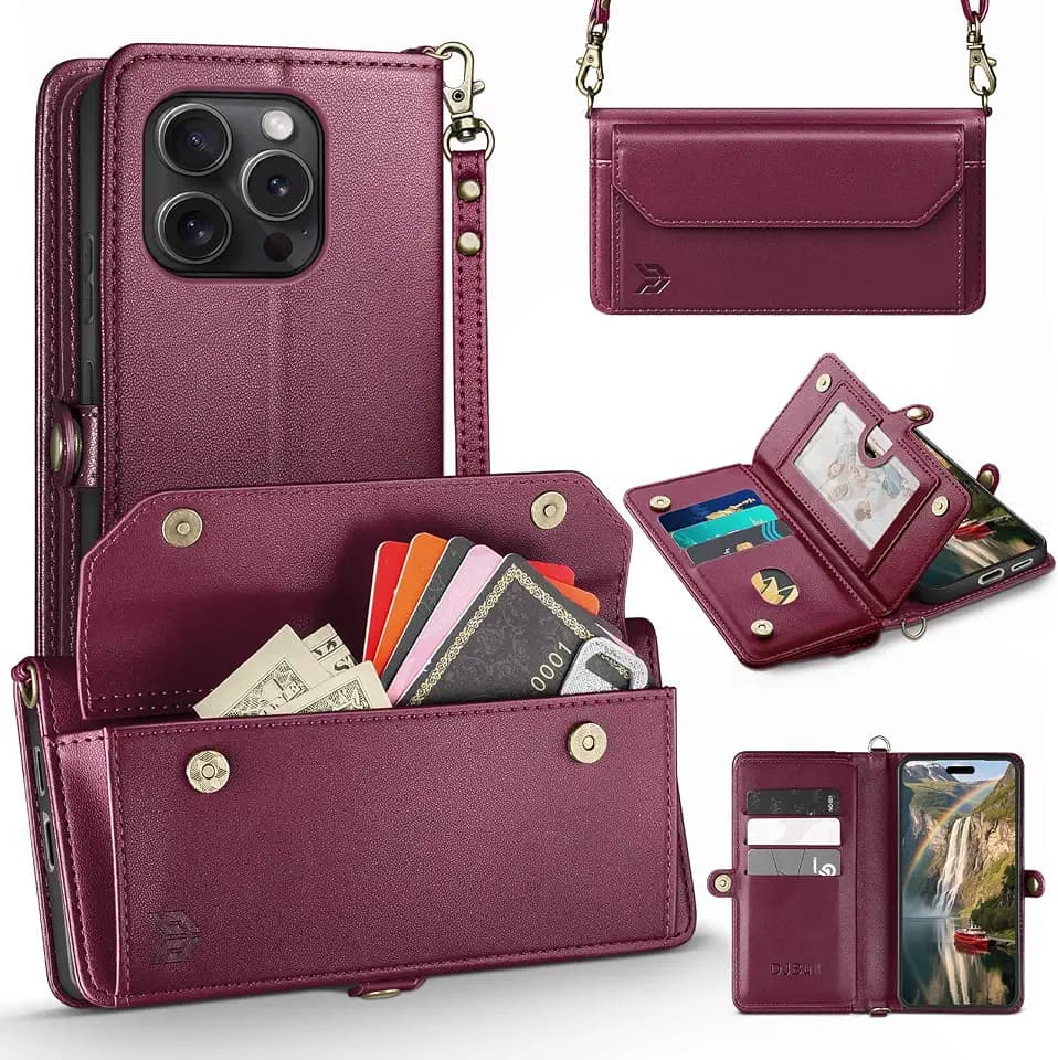DJBull for iPhone 16 Pro Max 6.9" Wallet Case with Card Holder, Shoulder and Wristlet Straps, Soft PU Leather, Magnetic Snap, Flip Phone Case for Women Men for Apple 16 Pro Max Wine Red