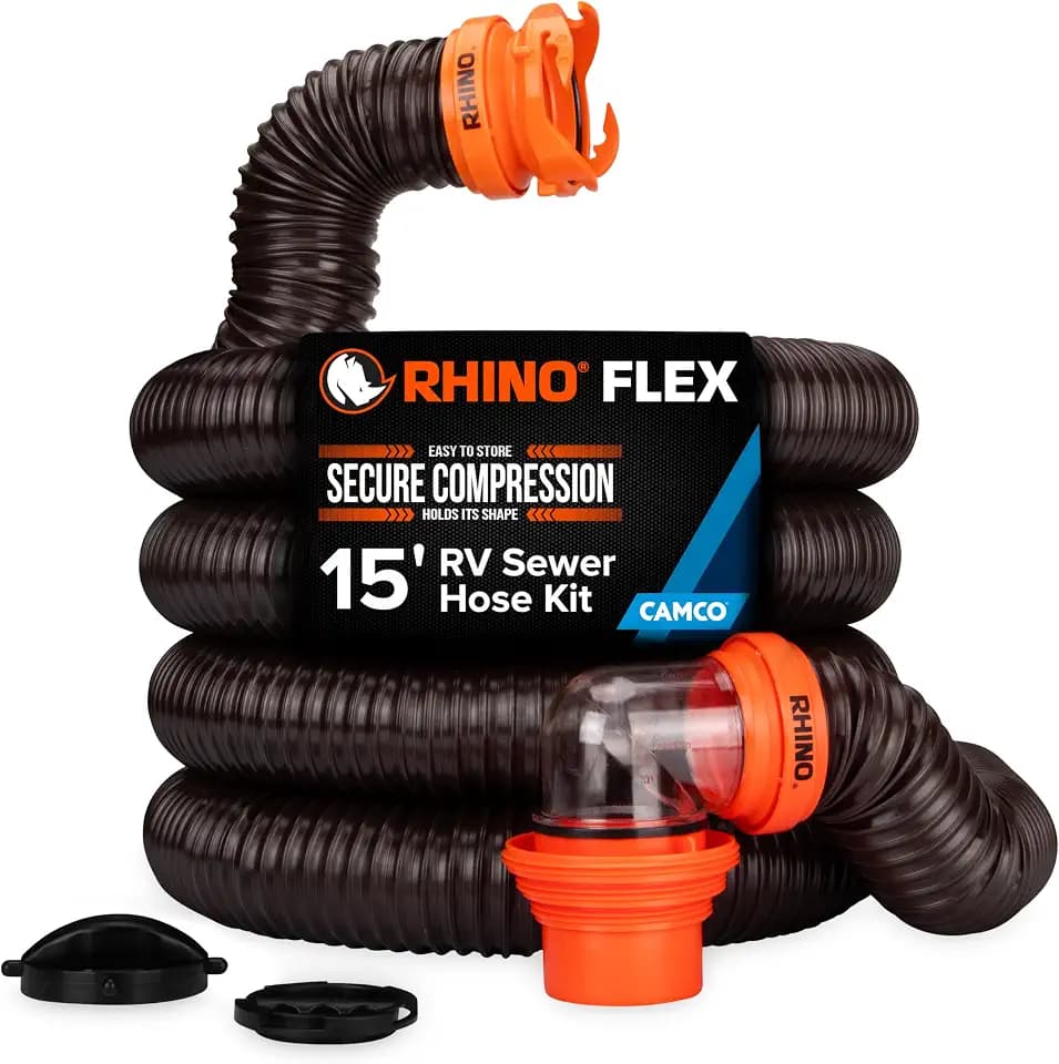 Camco RhinoFLEX 15 Ft Complete RV Sewer Hose Kit, Swivel Bayonet Fittings