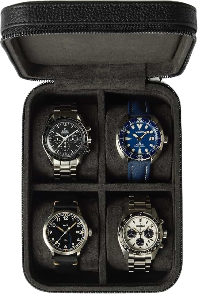 TAWBURY Leder-Uhrenbox mit 4 Fächern – Elegante und sichere Aufbewahrung für Ihre Uhren (Schwarz)