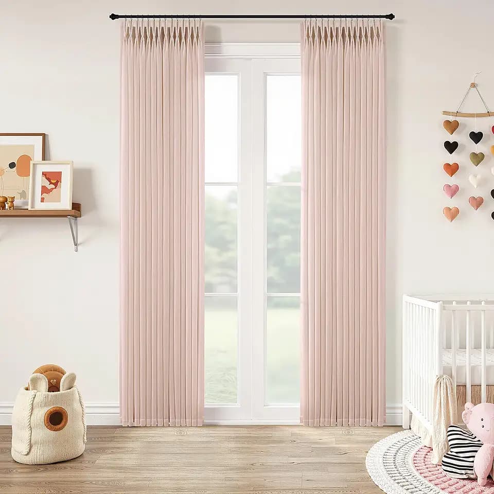 Light Pink Linen Pinch Pleated Curtains 84 Inch Length 2 Panels Semi Sheer