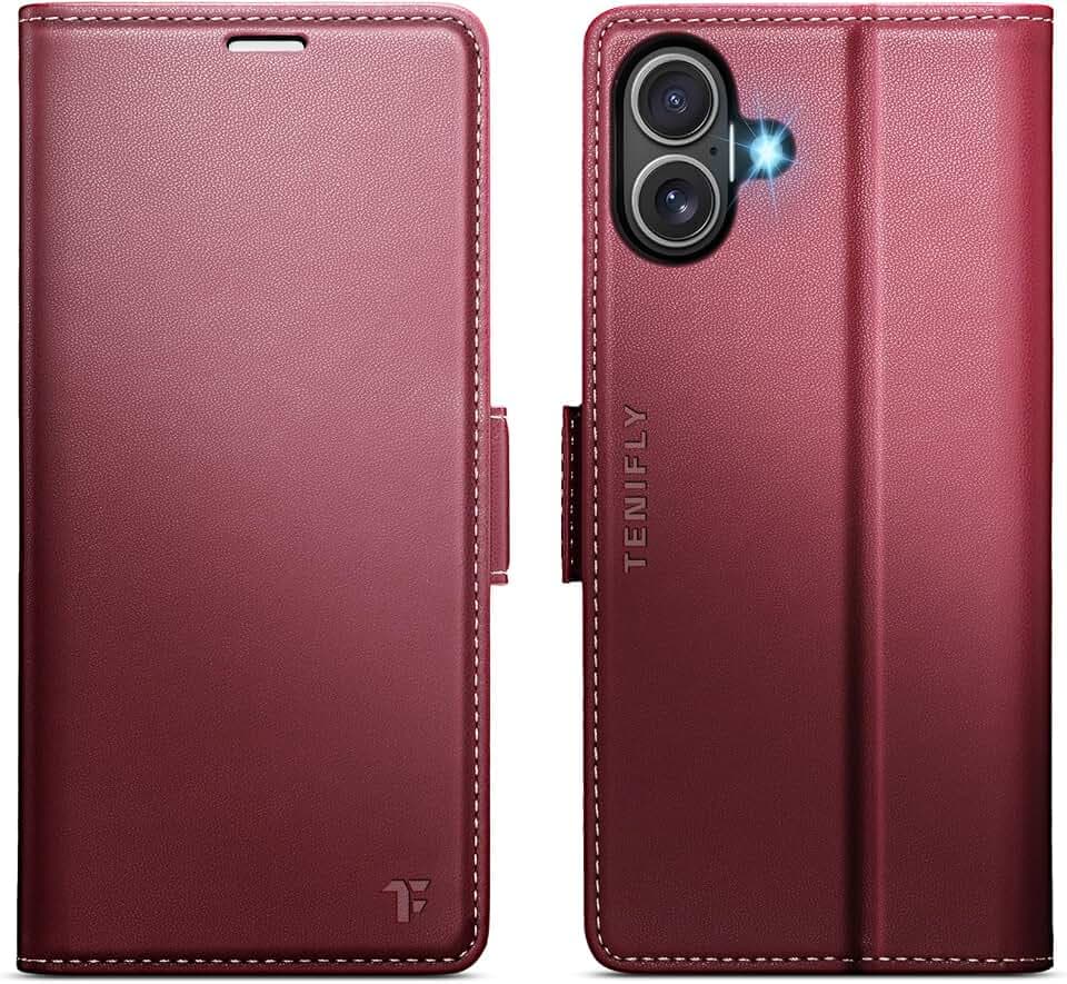 for iPhone 17 Case Wallet with Card Holder, Wine Red