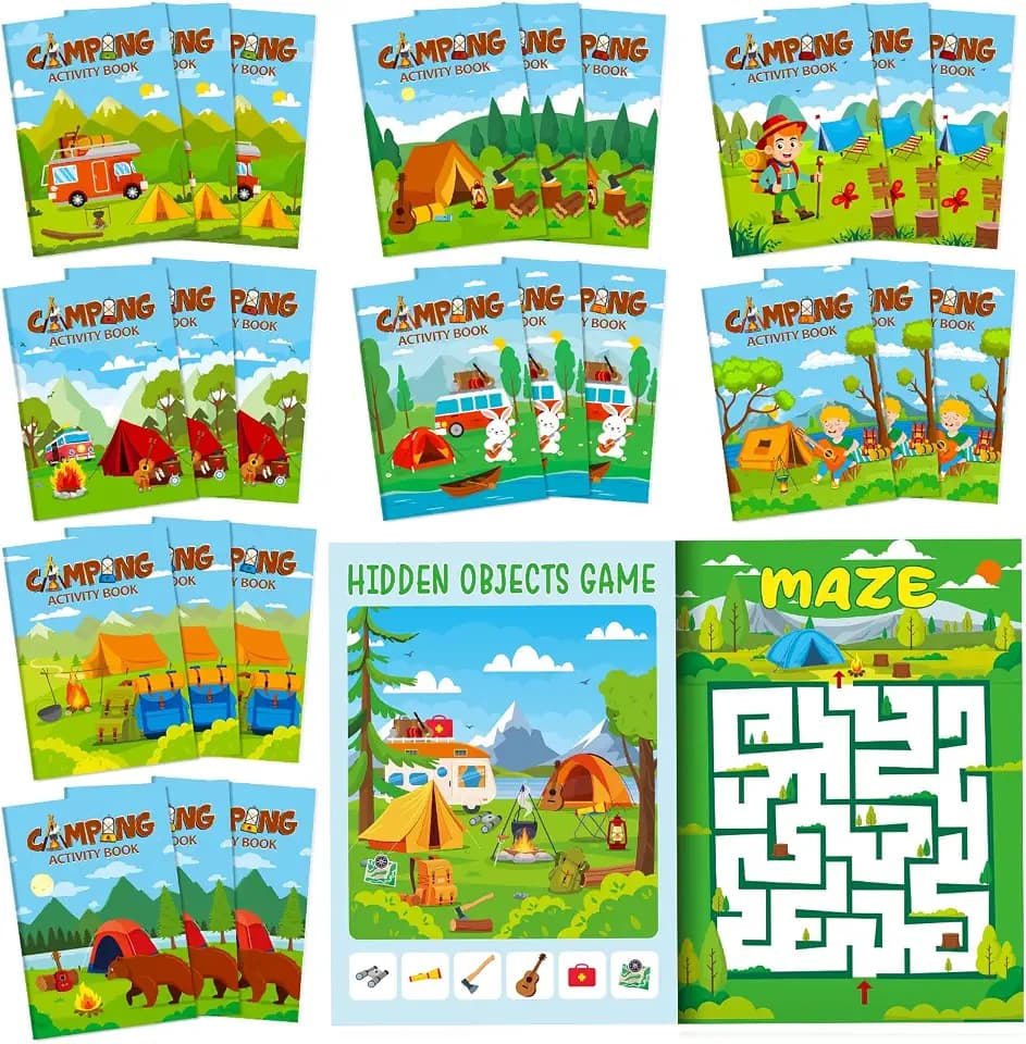 Kosiz 24 Pcs Camping Party Favors Activity Books Bulk, Mini Camping Birthday Party Supplies for Goodie Bag Stuffers, Nature Theme Coloring Booklets with Mazes Puzzles for Classroom Rewards & Pinata