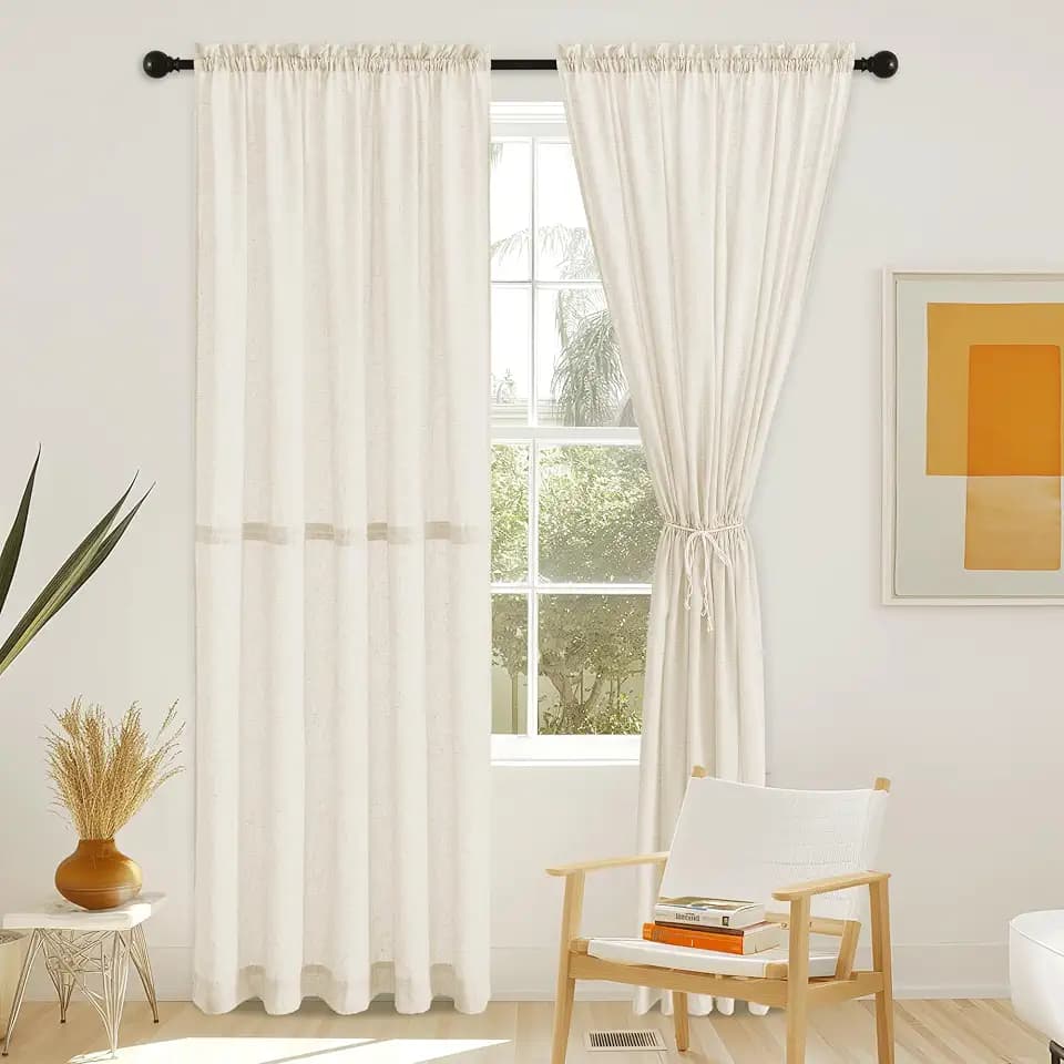NICETOWN Natural Linen Curtain 80 Inches Long with Drawstring Tieback, Privacy Window Curtains Panel for Fron Back Door, French Door Shade for Living Room Bedroom, W55 x L80 Inch, 1 Panel