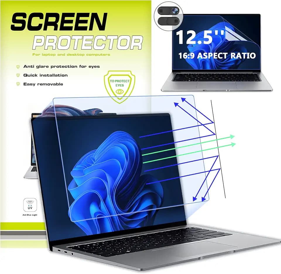 【2 Pack】12.5 Inch Anti Blue Light Screen Protector with Metal Camera Cover Compatible with HP/Dell/Acer/Asus/Samsung/Lenovo/Toshiba/Sony/MSI/LG/Razer Blade, Removable 16:9 Aspect Screen Protector for