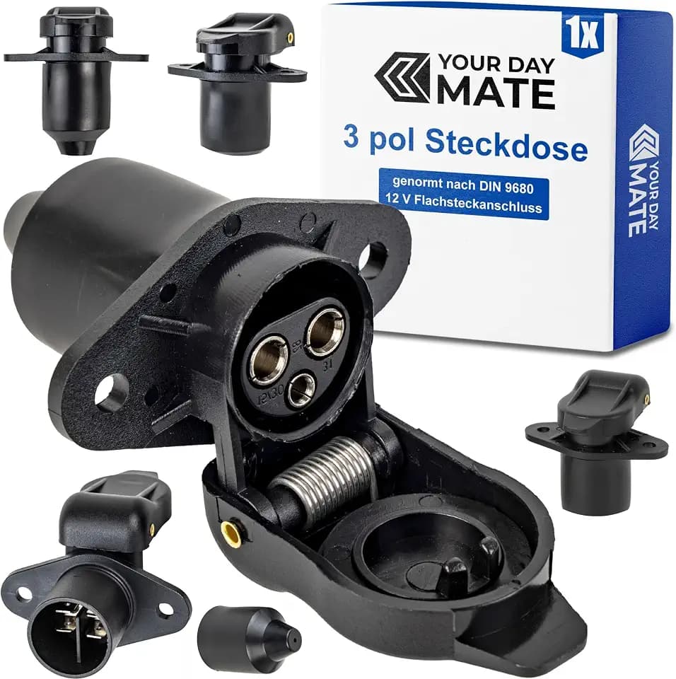 3 polige Steckdose, 1 Stück, 2-Loch Montageplatte, Hartplastik-Gehäuse, 3 pol Steckdose nach DIN 9680 genormt, mit Dichtring, Steckanschluss für 12 V Systeme, 3 pin Socket Landmaschine, Baumaschine