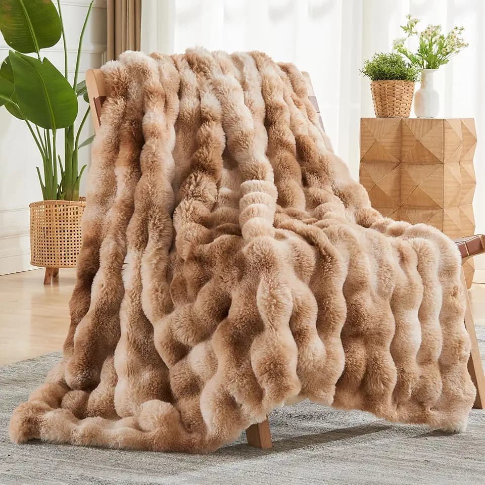 NEWCOSPLAY Faux Fur Bubble Throw Blanket for Couch, Tie-Dye Beige, 50"x60"