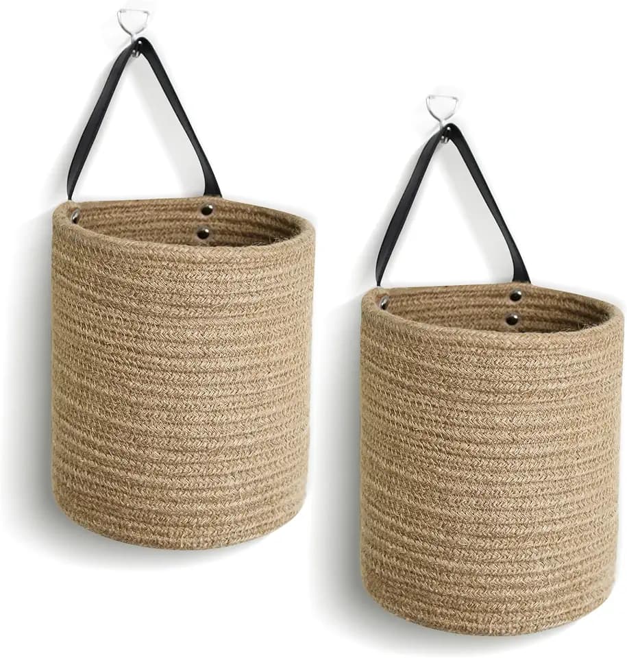 Hanging Basket 2 Pack, Small Wicker Wall Baskets for Organizing, Woven Boho Wall Hanging Decor, Indoor Plant Holder, Cotton Rope Door Organizer, Shelf Storage Bin, 7"D x 8"H (Jute)