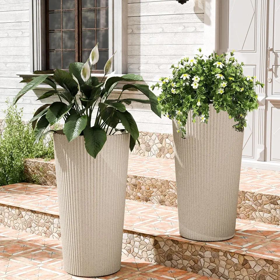 24" Tall Round Planters for Outdoor Plants Fluted Finishes - Beige