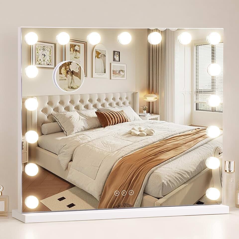 Vanity Mirror with Lights,Makeup Mirror with 17 Dimmable LED Bulbs, 3 Color Lighting Modes Detachable 10X Magnification Mirror Touch Control, 23.6X19,7 inch, White
