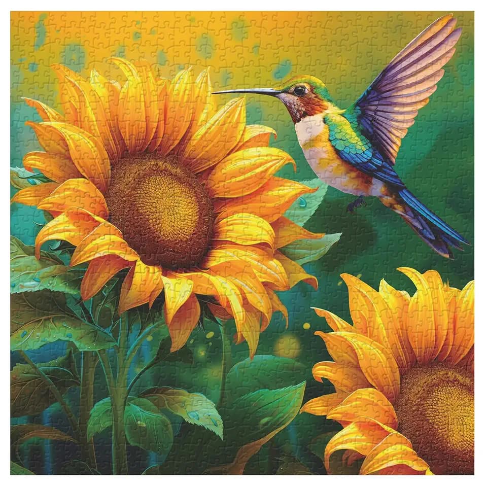 Sunflower Hummingbird Puzzles for Adults 1000 Pieces, Bird Flower Art Jigsaw Puzzles, Colorful Challenge Sunflower Plant Puzzle as Hummingbird Decor