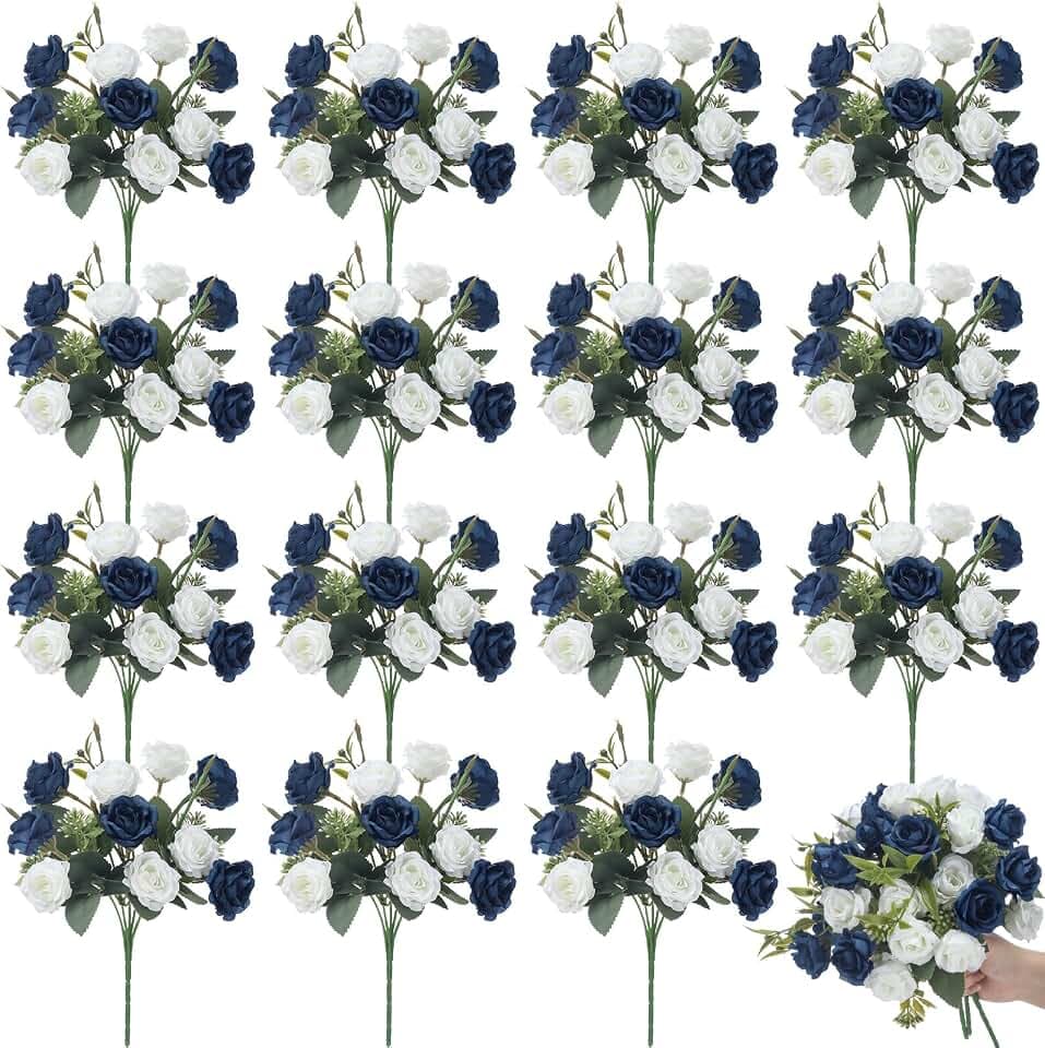 Zeyune 16 Bunches Artificial Rose Bouquet, Navy Blue and White