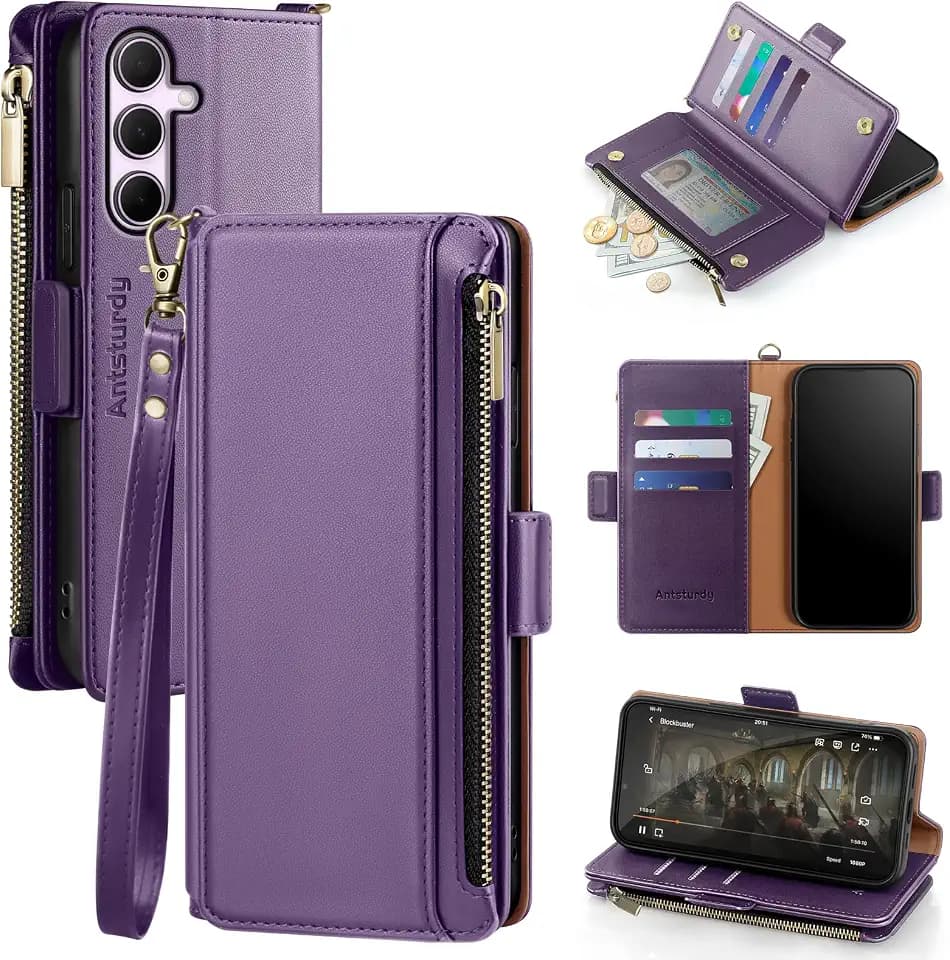Antsturdy Compatible with Samsung Galaxy A35 5G Case Wallet with Card Holder Women Men Phone Case RFID Blocking PU Leather Flip Protective Cover Wrist Strap Zipper Credit Card Slots,Purple