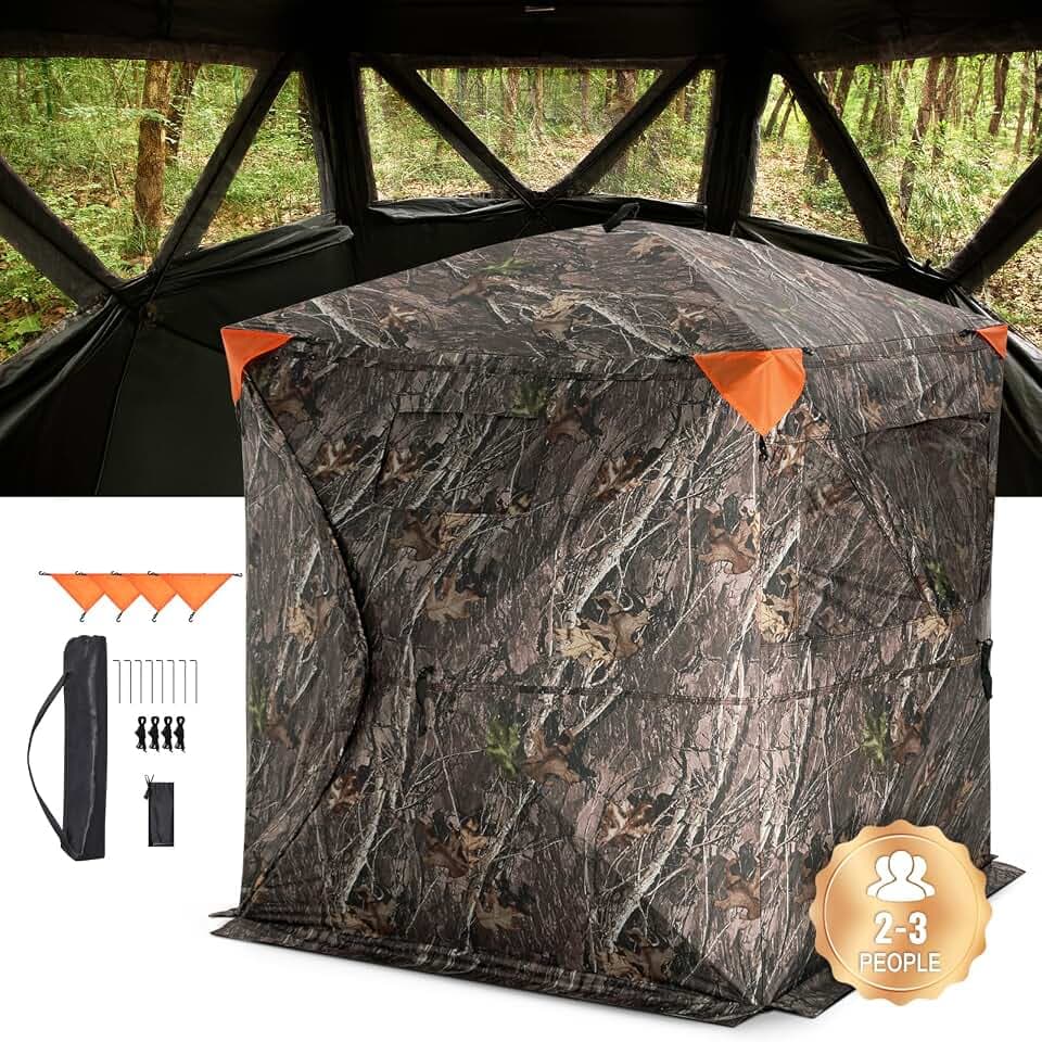VEVOR Jagdzelt Jagdversteck Bodenzelt Pop-Up-Hirschversteck für 2–3 Personen zur Jagd mit Tragetasche, tragbares & belastbares Bodenversteck mit 3 horizontalen Fenstern 148 x 148 x 170 cm