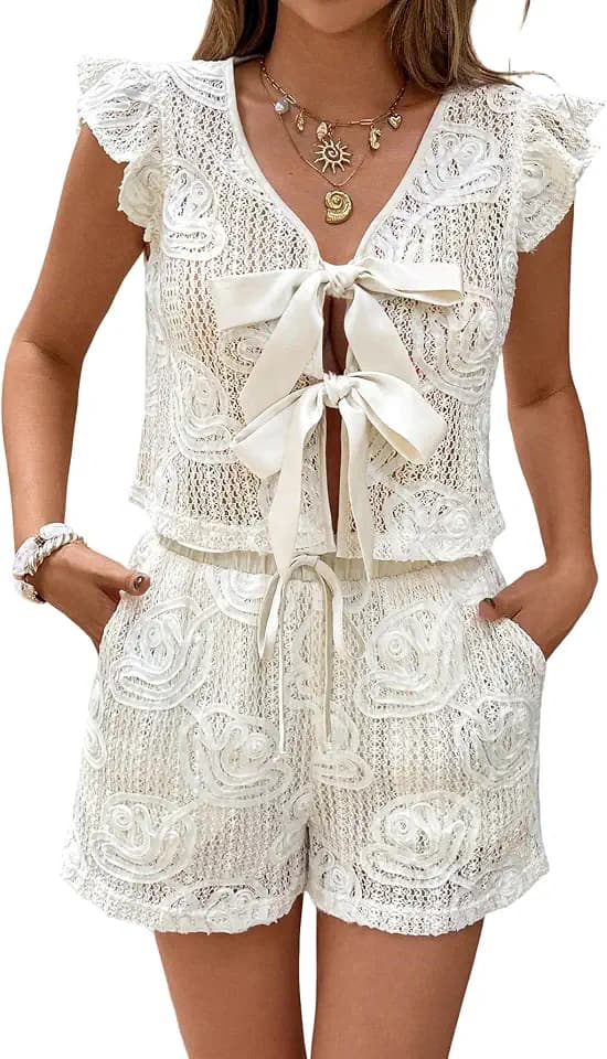 SOLY HUX Women's Summer Vacation Eyelet Short Sets 2 Piece Outfit