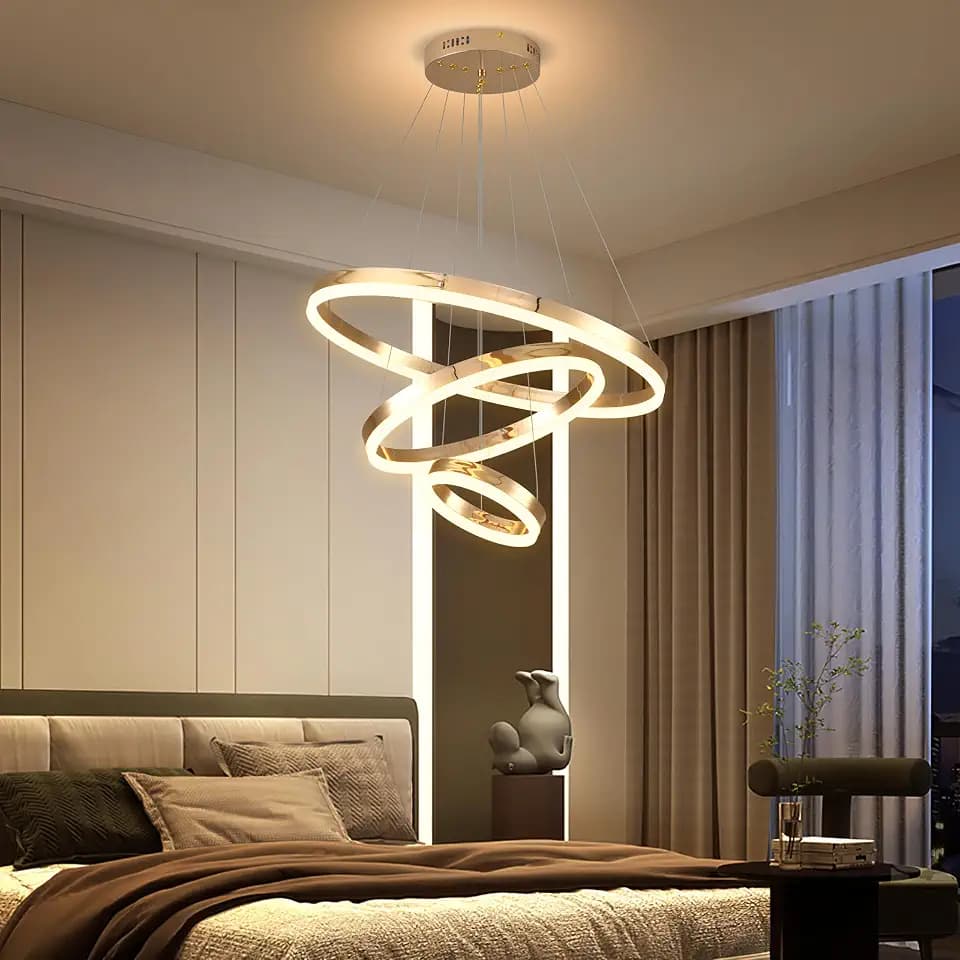 Gold Led Chandelier 3 Rings Dimmable Light Fixture for Kitchen Over Table Height Adjustable Modern Pendant Light for Dining Room Living Room Bedroom Foyer