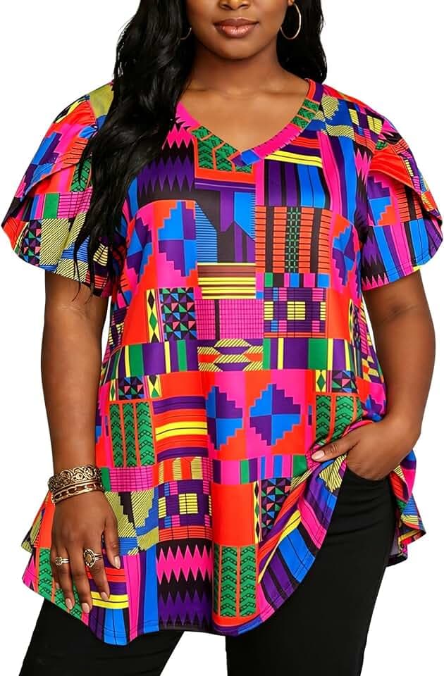Afibi Womens Print Shirt African Dashiki Short Sleeve V Neck Loose Tunic Tops