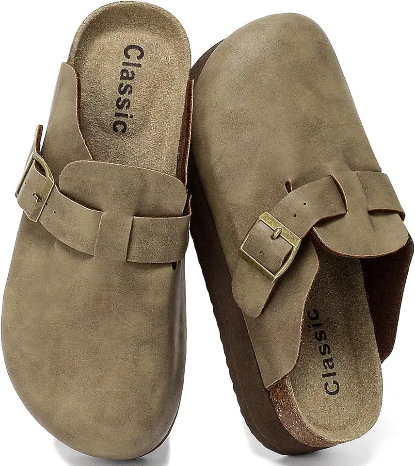 Genuine Leather Platform Clogs for Women Comfort Suede Clogs with Arch Support Memory Foam Cork Footbed Mules, Casual Chunky Potato Shoes Adjustable Slip On Thick Soled Clog Slippers Wedge Footwear US Size 7