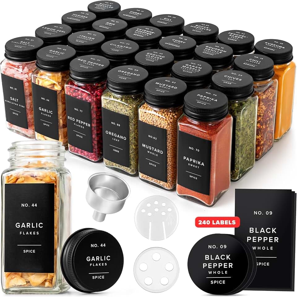 EDELHAUS Glass Spice Jars with Label and Black Aluminium Lids (24 x 4oz) Spice Containers with 240 Labels, Shaker Inserts, Steel Funnel, Empty Square Seasoning Organizer (Black Aluminium Lid)