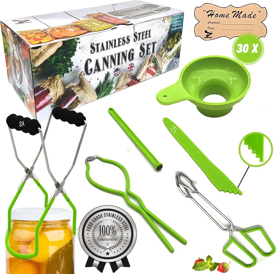 Supa Ant Canning Supplies - USA Assembled & Certified Food Grade Stainless Steel Starter Set Canning Kit for Beginners - Wide Kitchen Funnel, Jar Lifter and Wrench, Bubble Popper/Measurer, Lid Lifter