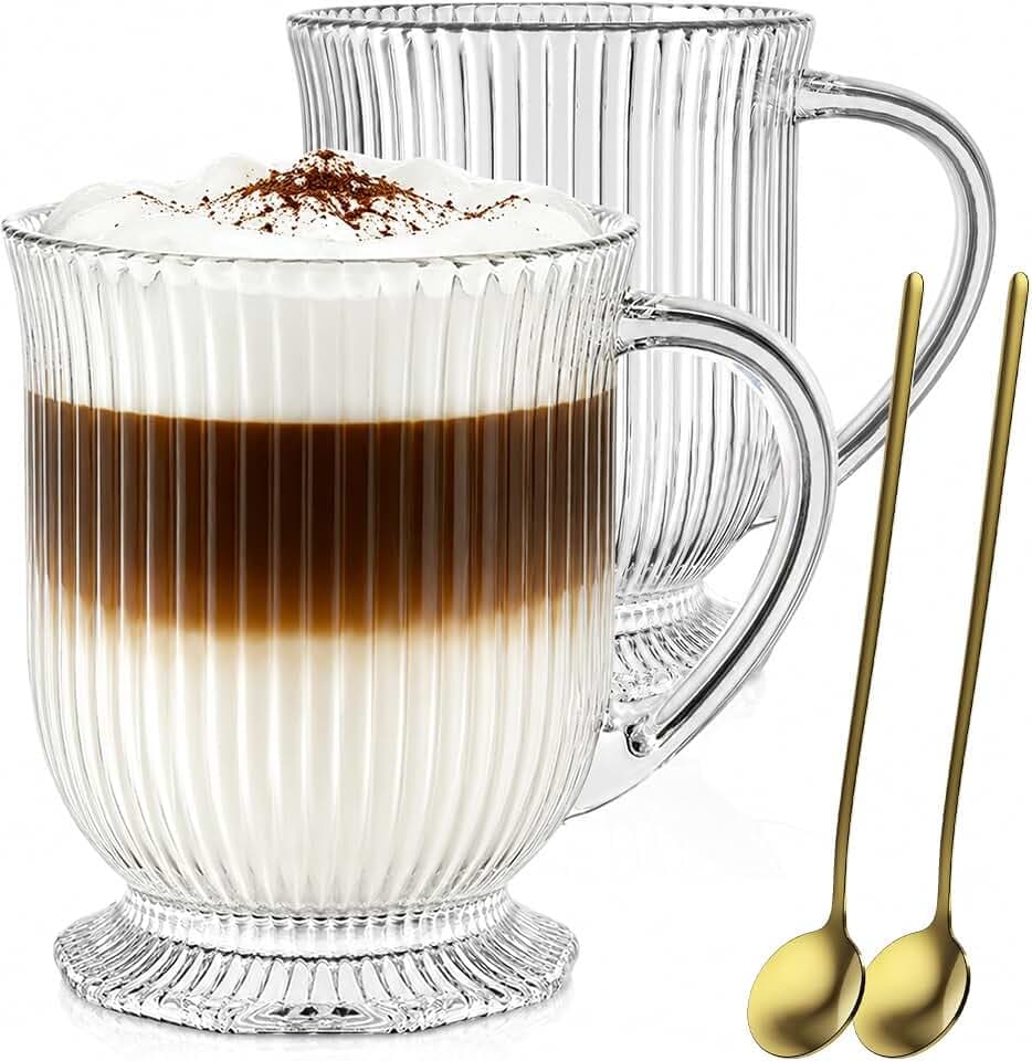 KEMORELA 2er Set 480ml Geriffelte Glasbecher mit Henkel – Teegläser mit Griff für Kaffee, Matcha Latte, Iced Coffee & Smoothies – Dickwandige Trinkgläser
