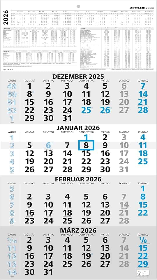 Zettler 4-Monatskalender blau 2026 – Wandkalender 33 × 59 cm mit Datumsschieber, 4 Monate pro Blatt, Kopftafel 15 cm, Wochenzählung, Jahresübersicht, Sonn- und Feiertage markiert, FSC,