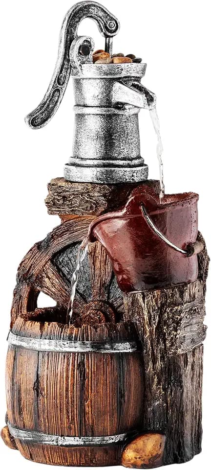 Alpine Corporation 24" Tall Outdoor Tiered Water Floor Fountain with Old-Fashioned Pump and Barrel Design, Garden Decor, Rustic Brown