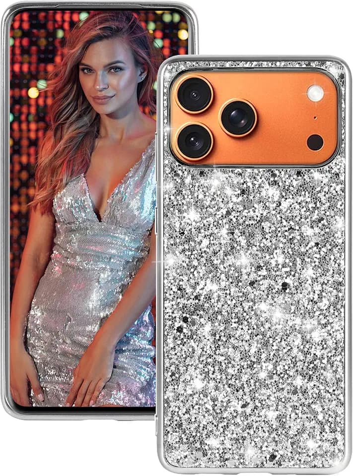Silicone Case for iPhone 17 Pro Max 5G Phone Case Glitter Sparkle Bling, Hybrid Matte Back Cases Heavy Duty Shockproof Protective Cover for iPhone 17 Pro Max Cute Case for Women 6.9" Funda (Silver)