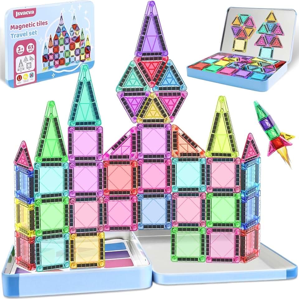 61 Stück Magnetische Bausteine für Kinder, Mini Reisen Magnetic Tiles Spielzeug,Montessori Magnetbausteine Weihnachten Geschenke für 3 4 5 6 7 8+ Jahre Mädchen Jungen (Mit Aufbewahrungsbox)