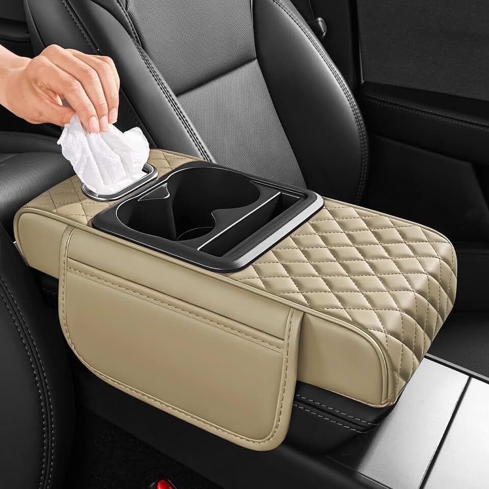 5 in 1 Nappa Leather Console Armrest Cover, Beige