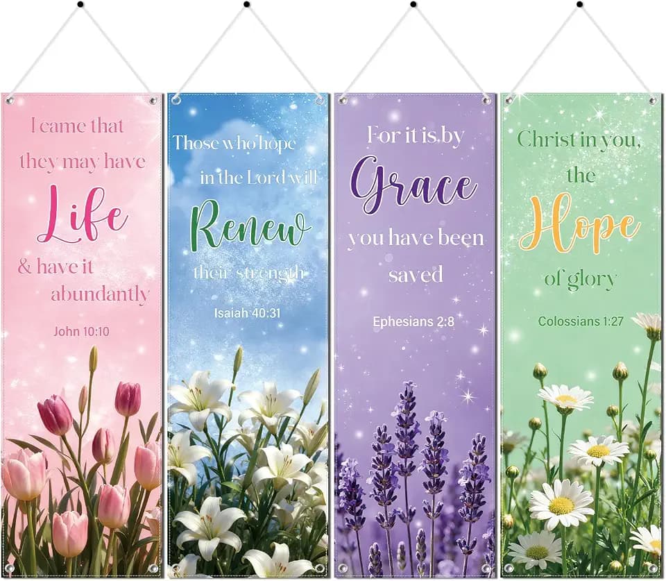 Floral Church Banners with Scripture - 4PCS Flower Christian Church Banners for Sanctuary Wall, Spring Bible Hanging Sign Wall Decor, Religious Backdrop Supplies for Sunday School Classroom