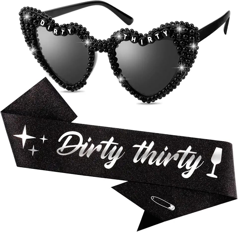 KICOSY Dirty Thirty 30th Birthday Sash and Sunglasses Set, Black Heart Sunglasses with Dirty Thirty Glitter Sash, 30th Birthday Accessories Decorations for Women