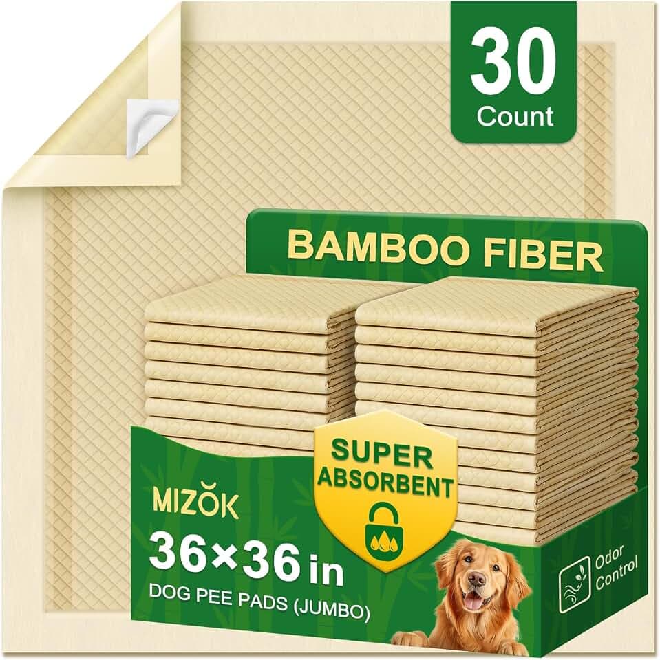 MIZOK Bamboo Dog Pee Pads Highly Absorbent No Leak XXL 36x36in 30Ct