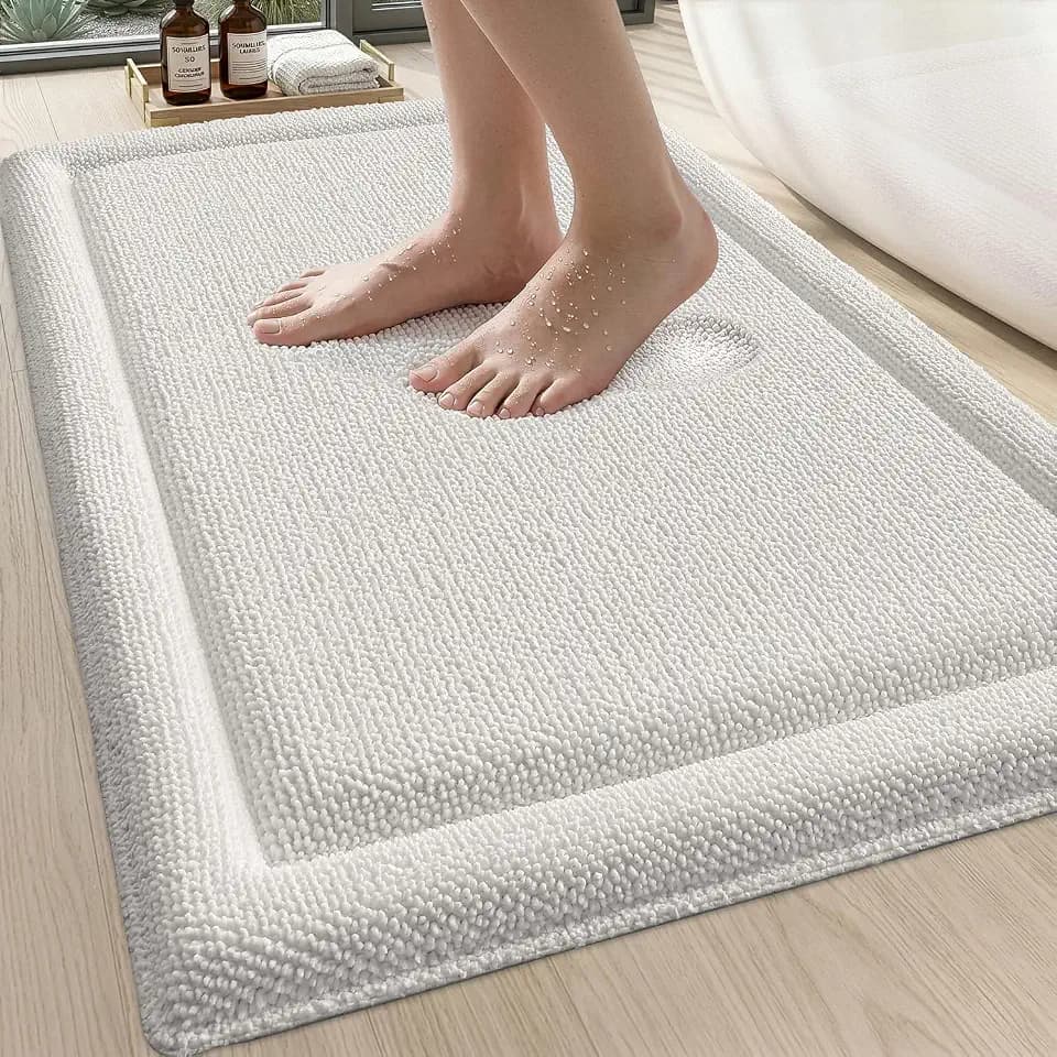 DEXI Memory Foam Bath Mat 24x17, Thick Chenille Bathroom Rug, Ivory