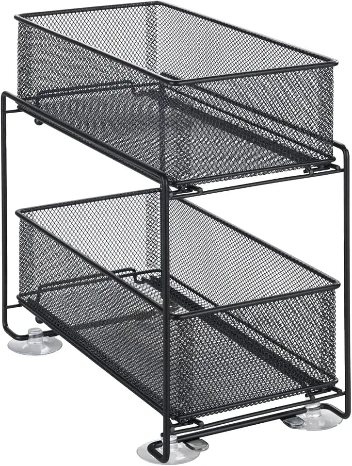 WENKO Schubladenregal Mod. Gioma, hochwertiger Organizer mit 2 Etagen und Korb-auszug für Küchenschrank oder Arbeitsplatte, Küchenregal aus pulverbeschichtetem Metall, 35 x 33,5 x 18,5 cm, Schwarz