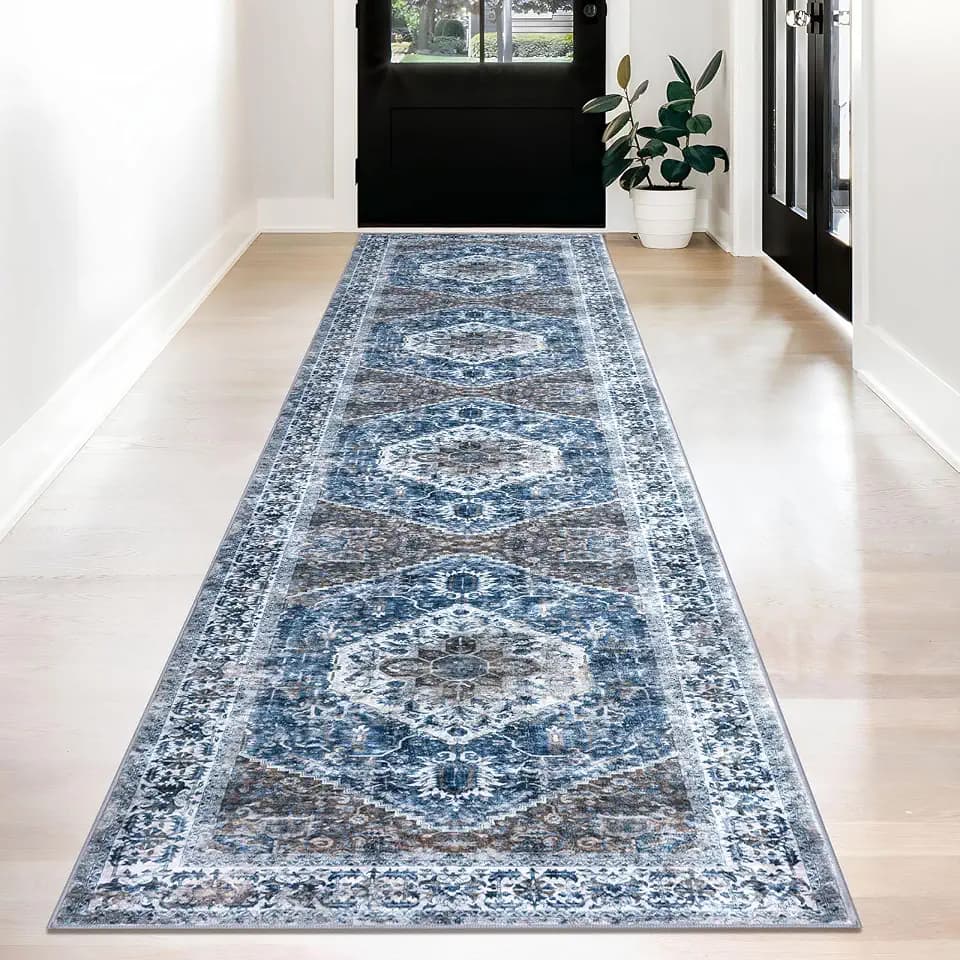 KOZYFLY Runners for Hallways 2.6x12 Ft Long Washable Kitchen Runner Non Slip Runners Rug for Entryway Indoor Blue Printed Faux Wool Stair Runner Floor Carpet for Stair Kitchen Hall, Blue