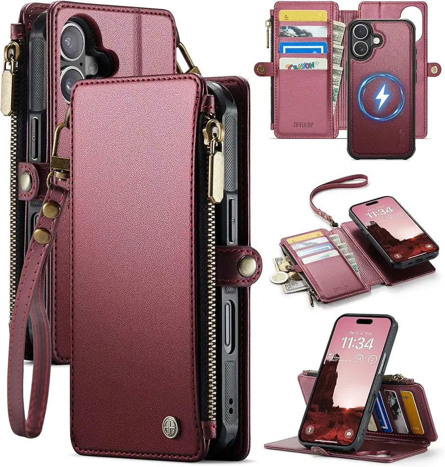 for iPhone 16 - Phone Case Wallet Magnetic Detachable, Burgundy