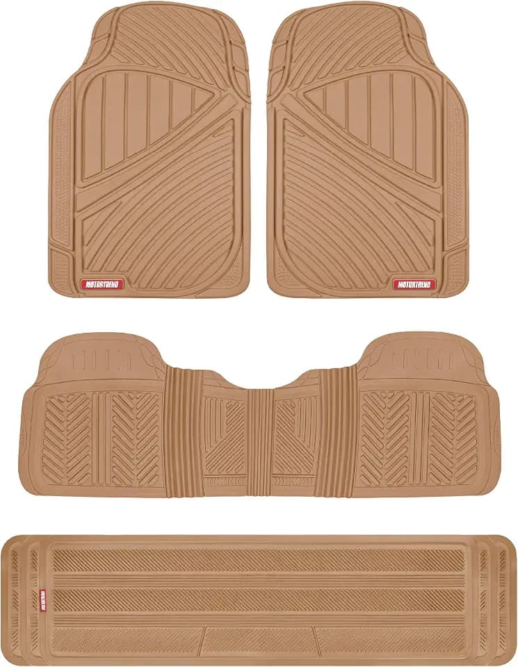 Motor Trend 3-Row Heavy Duty Rubber Floor Mats & Liners for Car SUV Van, Front 2nd & 3rd Row Durable Polymerized Latex Full Interior Protection, Extra-High Ridgeline Design, Beige
