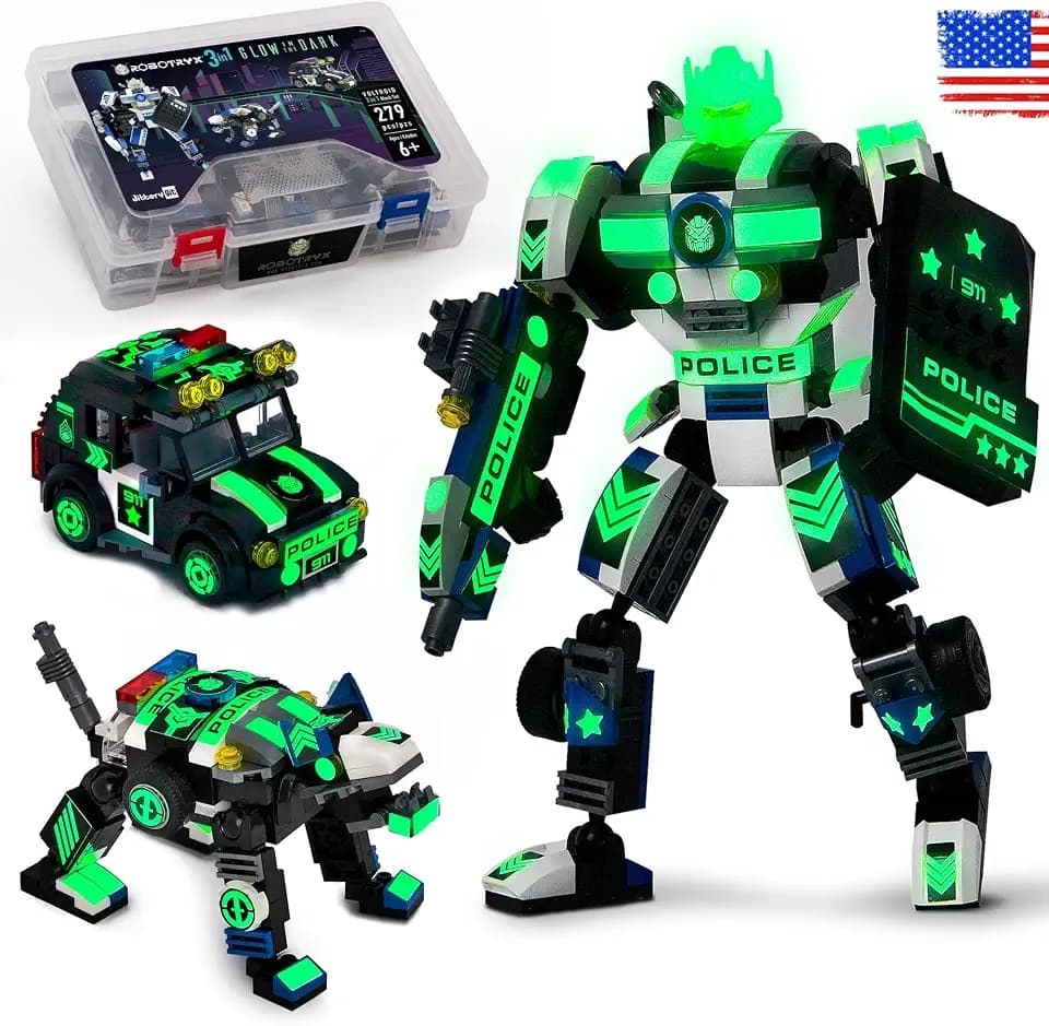 JITTERYGIT Robot Police Mech Glow in The Dark Toy Cop Gift, SWAT Action Figure Buildable STEM Building Superheroes Soldier - Cool Present for Boys, Girls, Kids, Children Ages 6 7 8 9 10 Year Olds