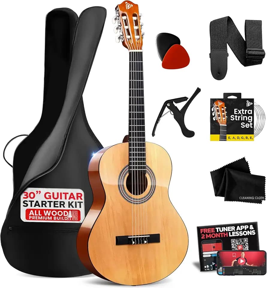 Pyle Beginner Acoustic Guitar Kit, 1/4 Junior Size All Wood Build Nylon Stringed Instrument with Capo, Strap, Extra String Set, Gig Bag, Guitars for Beginners Adults Youth, 30" (Natural Gloss)