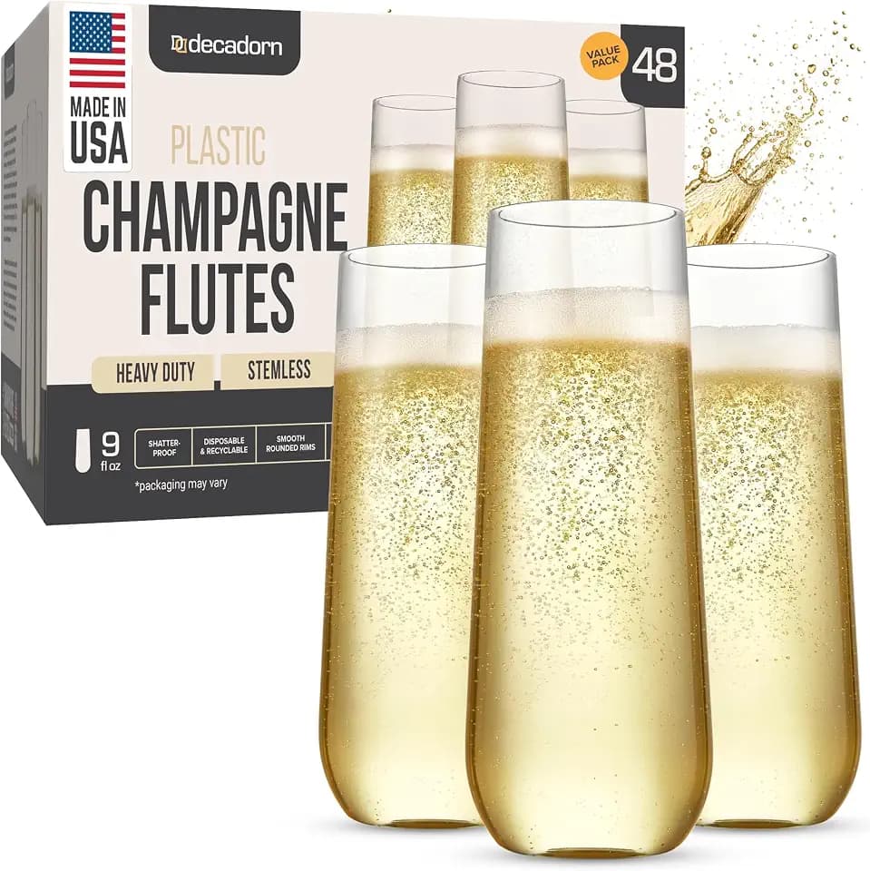 DECADORN Stemless Plastic Champagne Flutes, 48 Pack, 9 oz, Made in USA