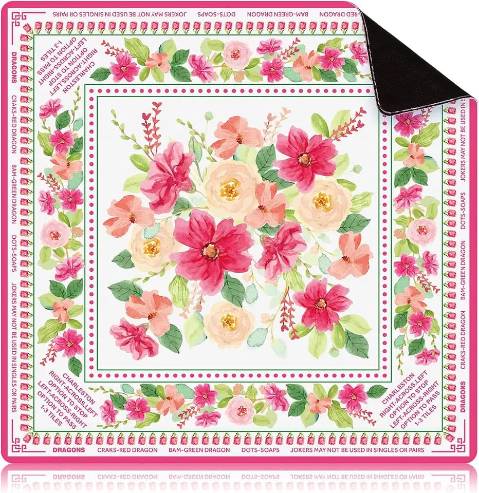 Drydiet Floral Mahjong Mat with Rules Non-Slip for Table, 31.5" X 31.5"