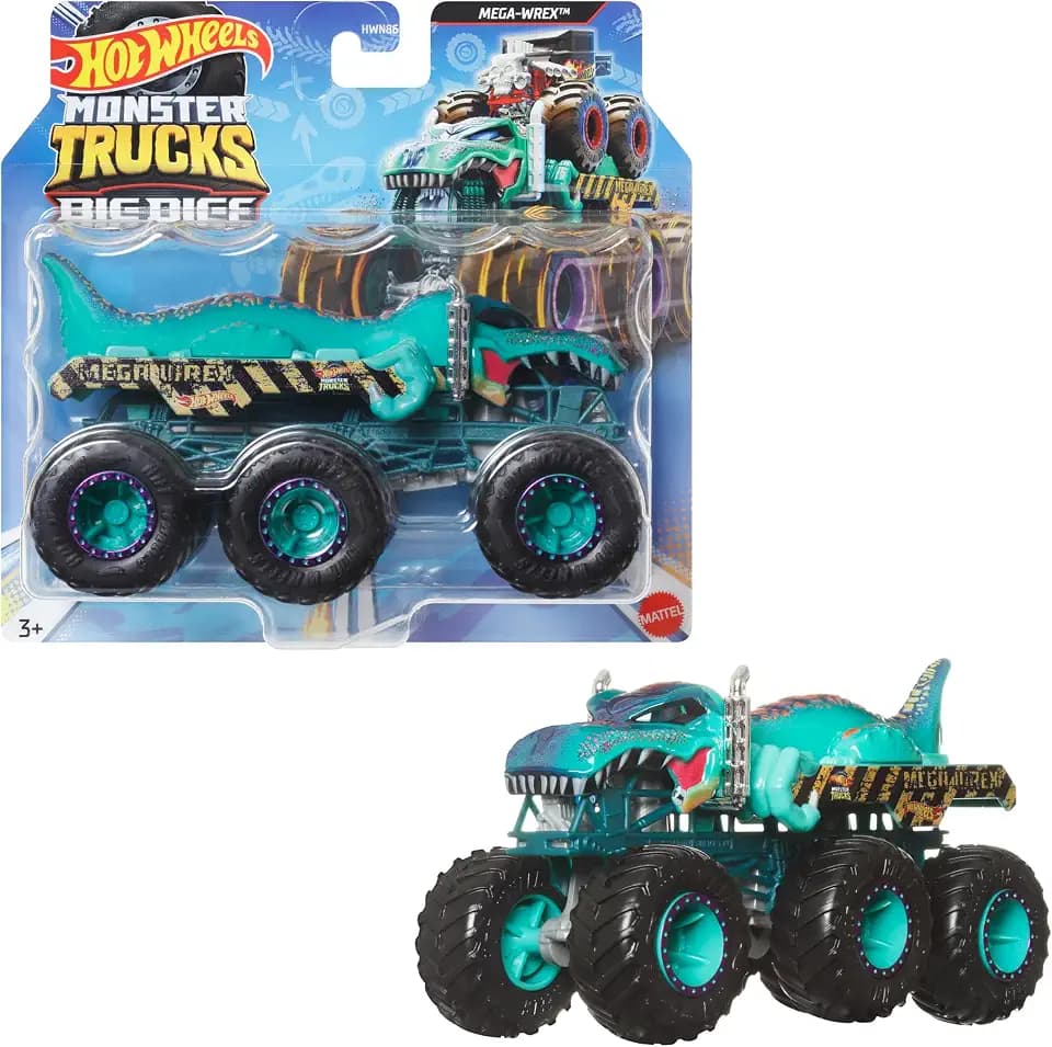 Hot Wheels Monster Trucks Big Rigs mit 6 Rädern (versch. Modelle) | 1:64 Spielzeugfahrzeug kann Trucks auf die Ladefläche ziehen, mit Haken, bunte Farben und große Räder, HWN86