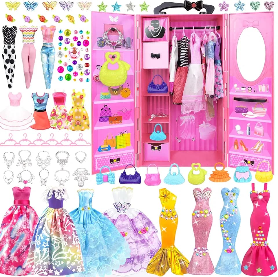 75 Stück Kleidung Schmuck Zubehör für Puppen Kleiderschrank für 11,5 Zoll Puppe - Modedesign Puppen Set mit Hochzeitskleid Kleider Outfits Tops und Hosen Taschen Geschenk Spielzeug für Mädchen