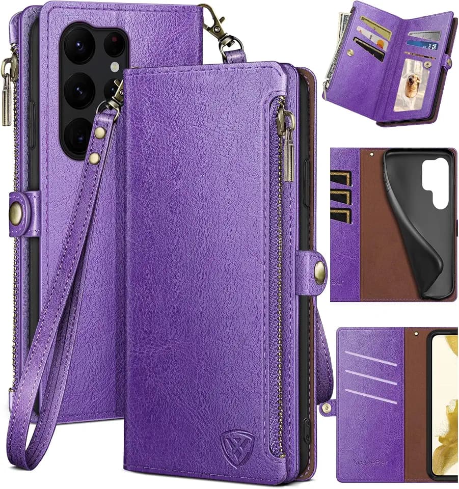 XcaseBar for Samsung Galaxy S22 Ultra Wallet case with Zipper Credit Card Holder【RFID Blocking】, Flip Folio Book PU Leather Phone case Shockproof Cover Women Men for Samsung S22Ultra case Purple