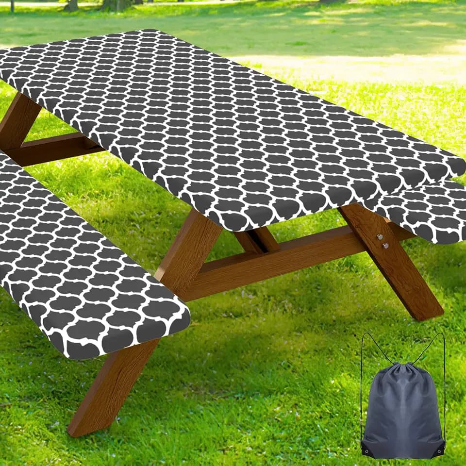Smiry Picnic Table Cover with Bench Covers, Waterproof Elastic Fitted Tablecloth for 8 Foot Tables, Washable Polyester Tablecloths for Camping, Indoor & Outdoor (Dark Grey, 30x96 Inch 3-pc Set)